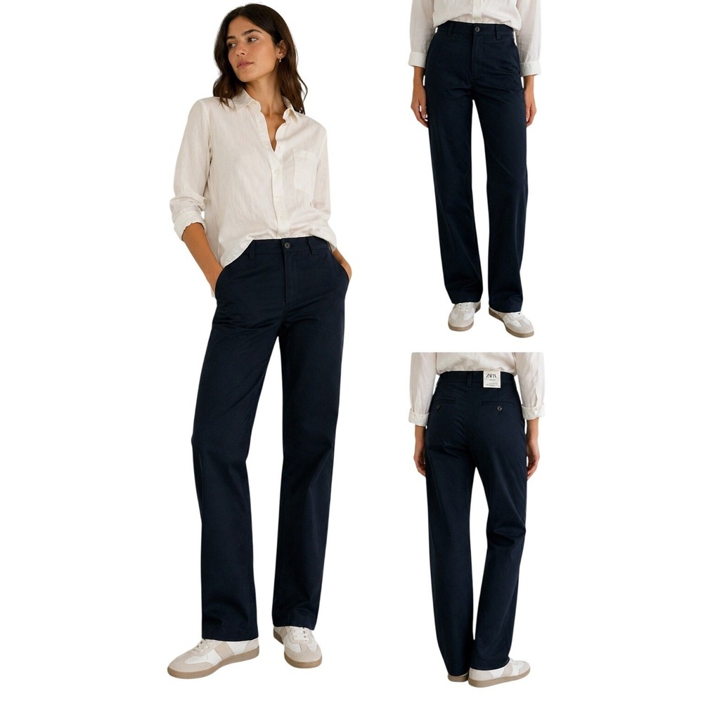 Zara Big Straight Trousers Navy Blue Cotton Stretch Pants NWT Size 40 US 31 Work